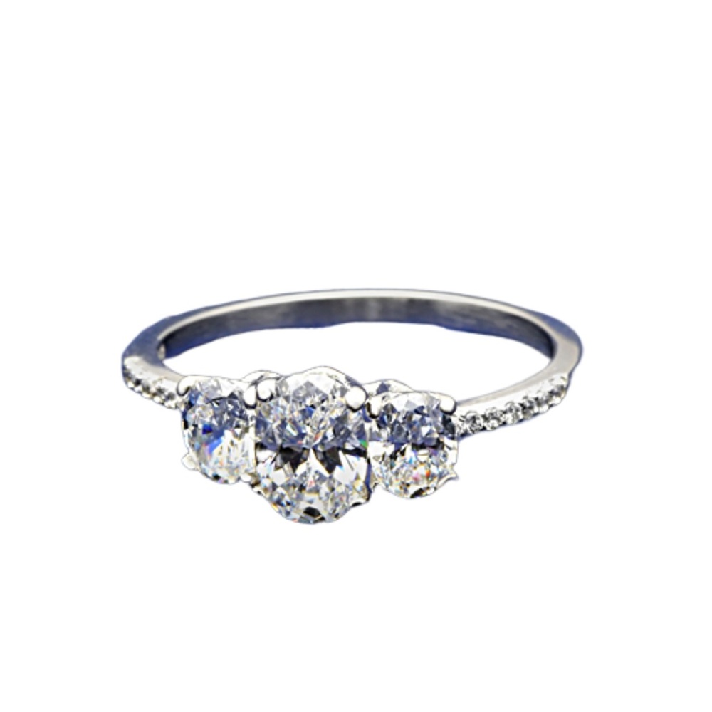 Three Stone Engagement CZ Sterling Silver Ring